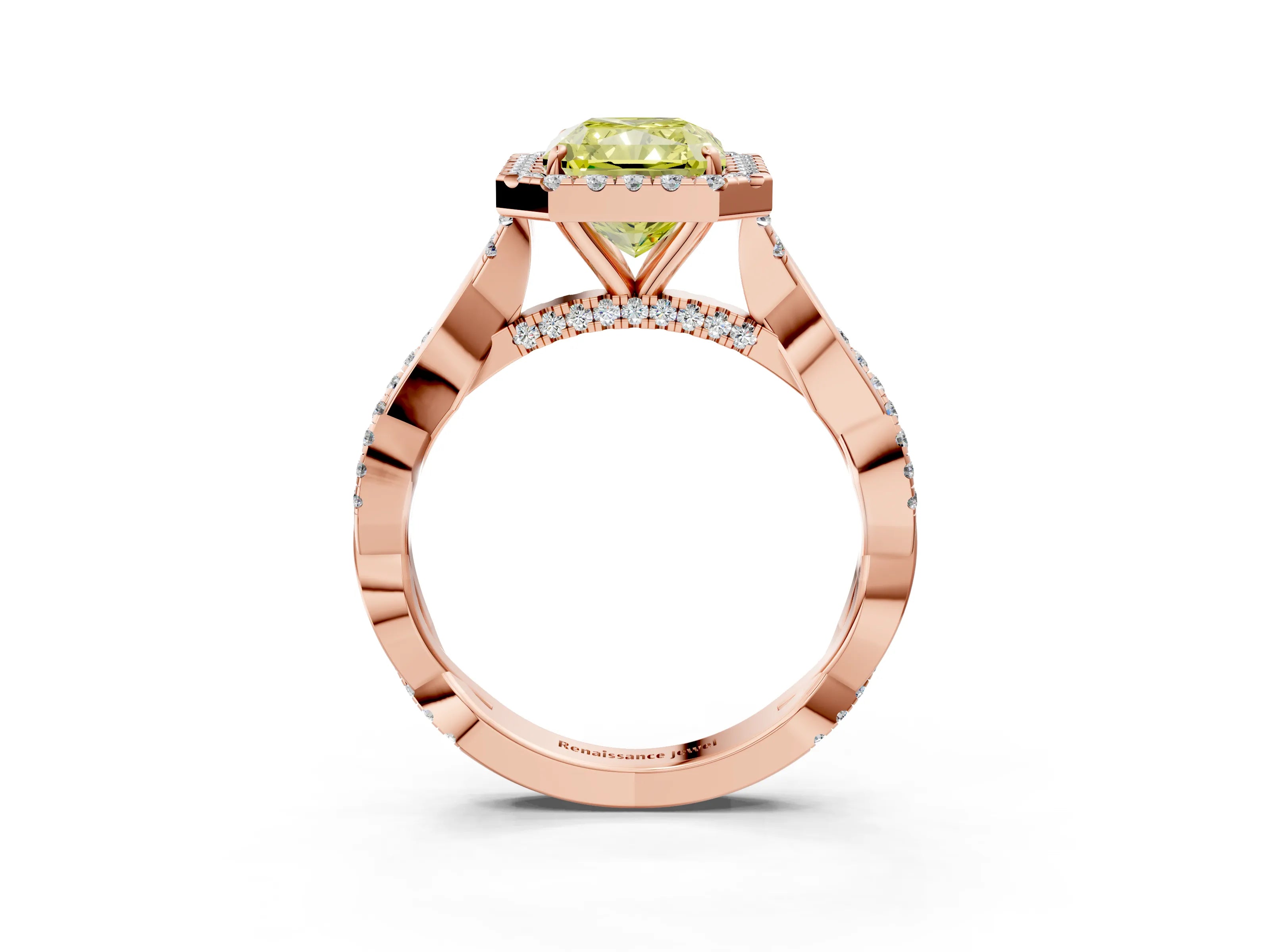 Rose gold Fancy Yellow Radiant Cut Halo Twist Band with Four-Prong Setting_3