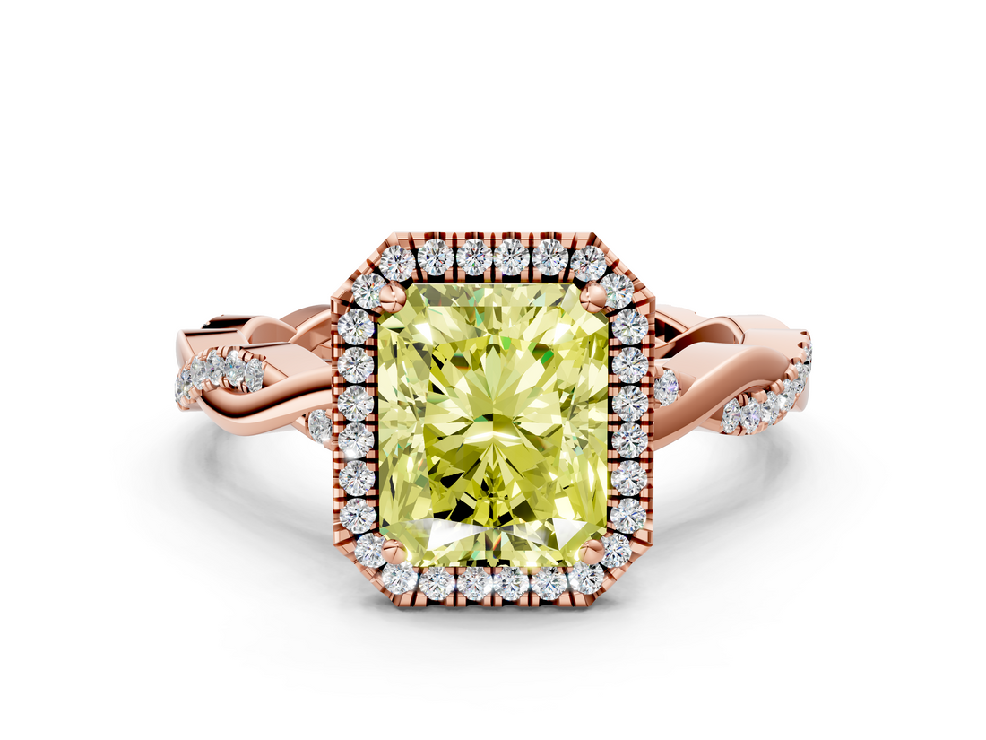 Rose gold Fancy Yellow Radiant  Cut Halo Twisted Band Four-Prong Ring_20