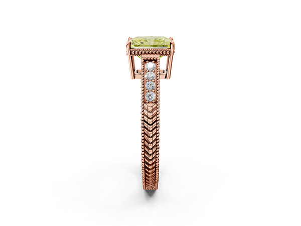 Rose gold Fancy Yellow Radiant Cut Diamond Engagement Ring with Milgrain Channel Set Band and Prong Setting