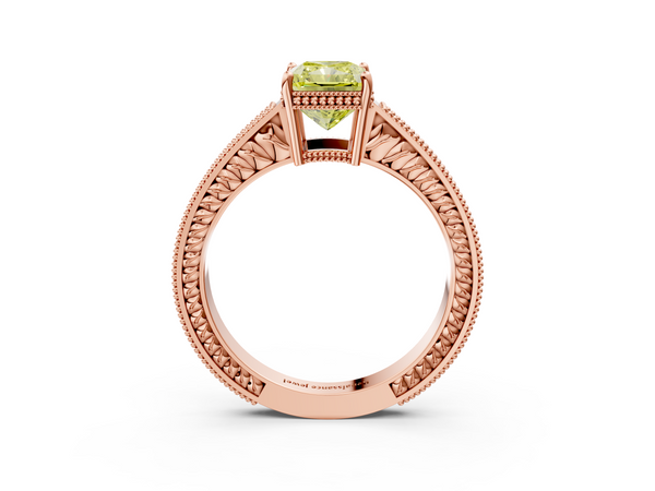 Rose gold Fancy Yellow Radiant Cut Diamond Engagement Ring with Milgrain Channel Set Band and Prong Setting
