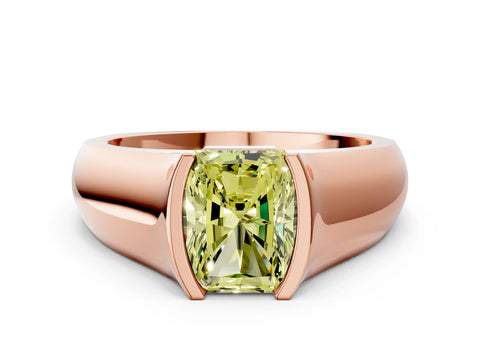 Rose gold Fancy Yellow Radiant Cut Solitaire Bezel Set Diamond Ring with Wide Band