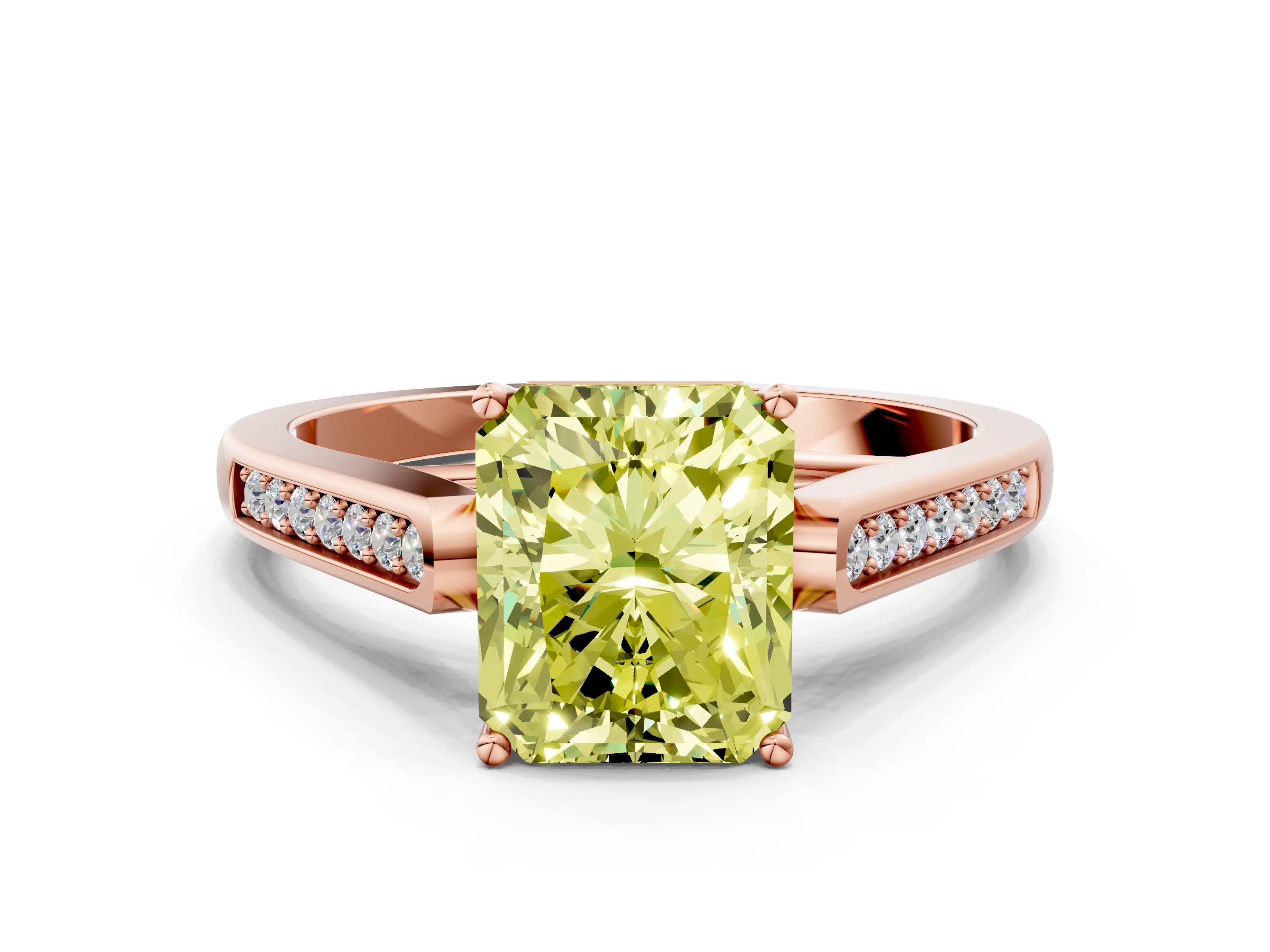 Rose gold Fancy Yellow Radiant Cut Solitaire Cathedral Diamond Engagement Ring with Channel-Set Band and Four-Prong Setting_3