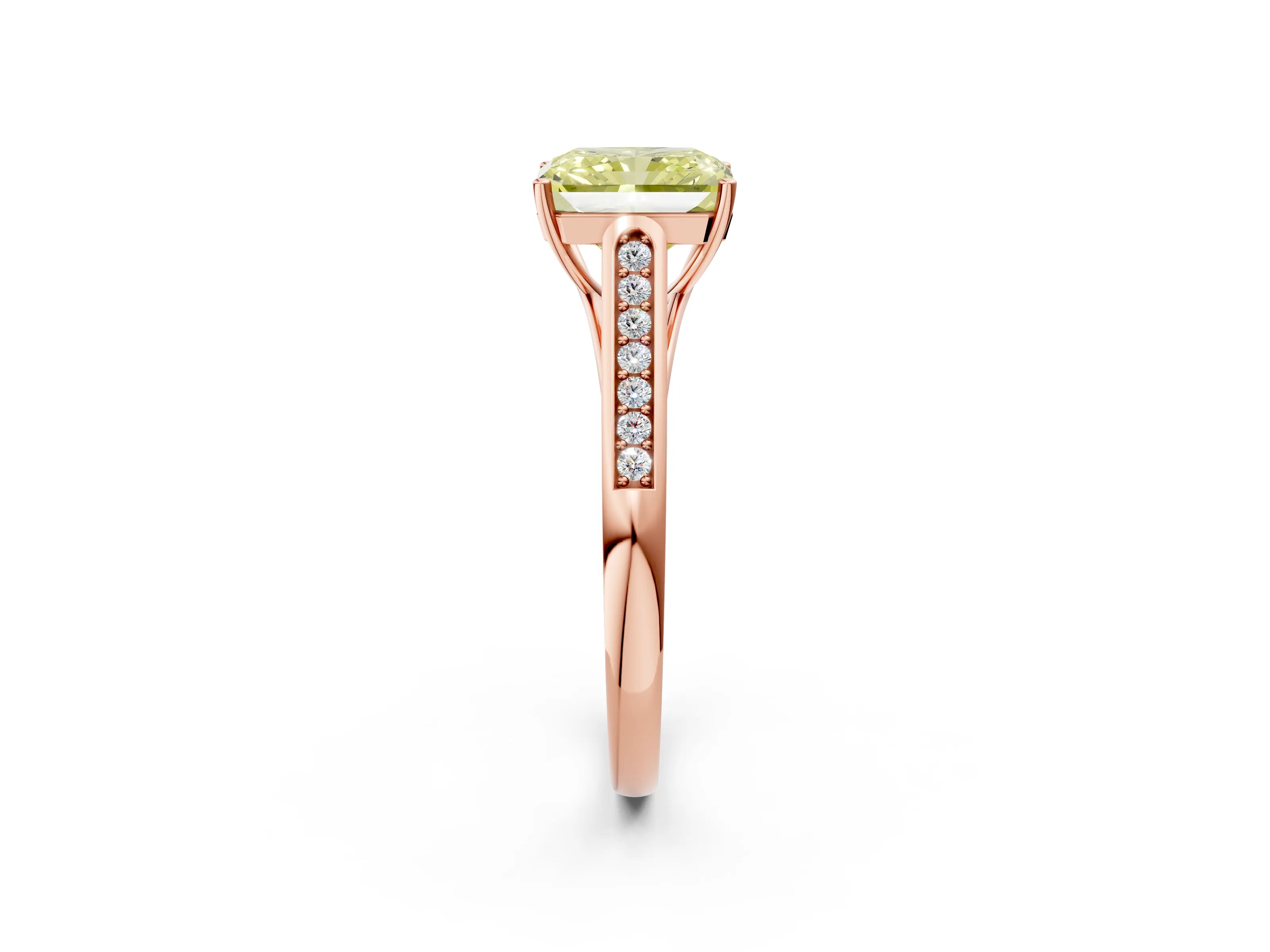 Rose gold Fancy Yellow Radiant Cut Solitaire Cathedral Diamond Engagement Ring with Channel-Set Band and Four-Prong Setting_5