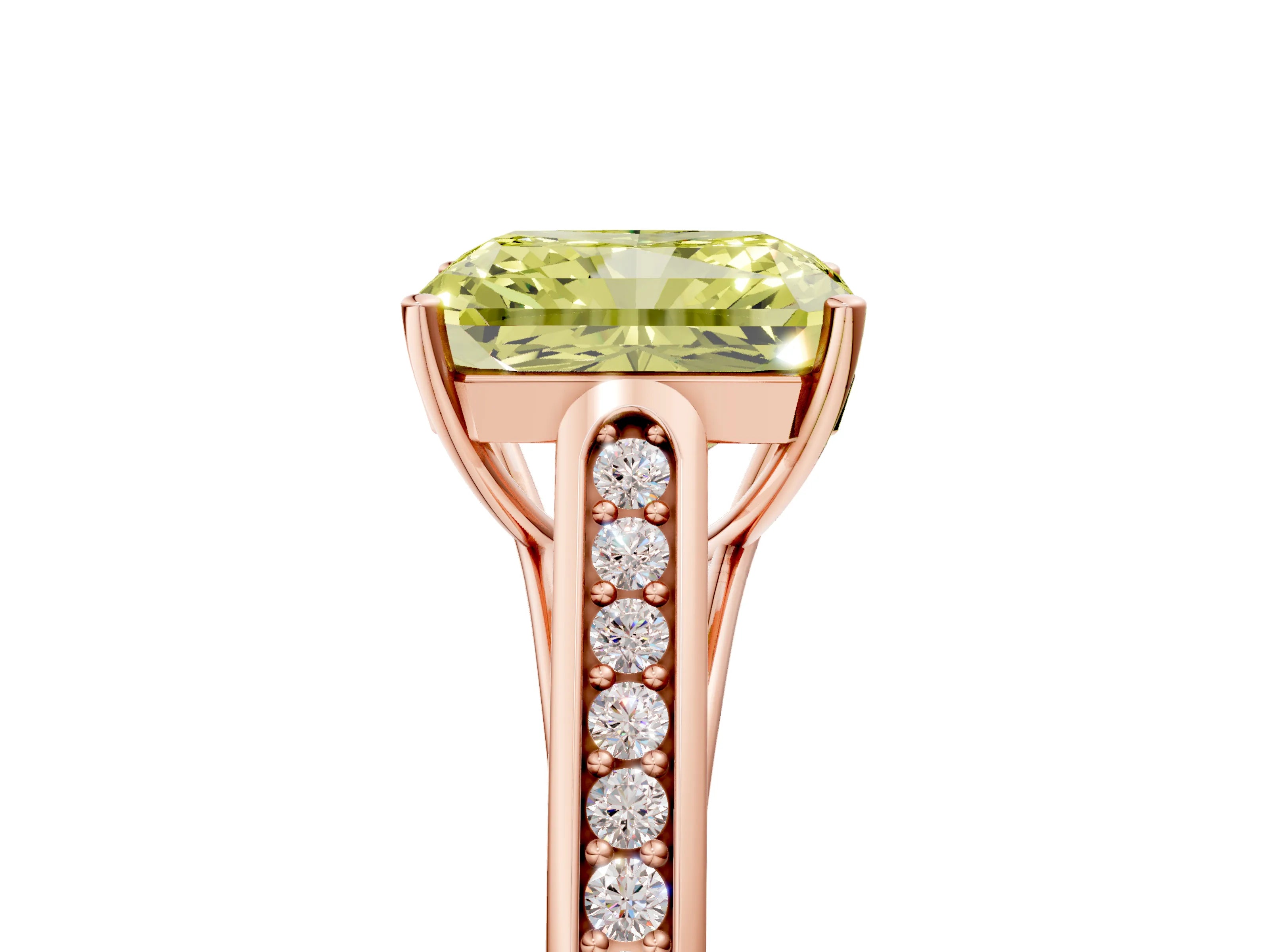 Rose gold Fancy Yellow Radiant Cut Solitaire Cathedral Diamond Engagement Ring with Channel-Set Band and Four-Prong Setting_8