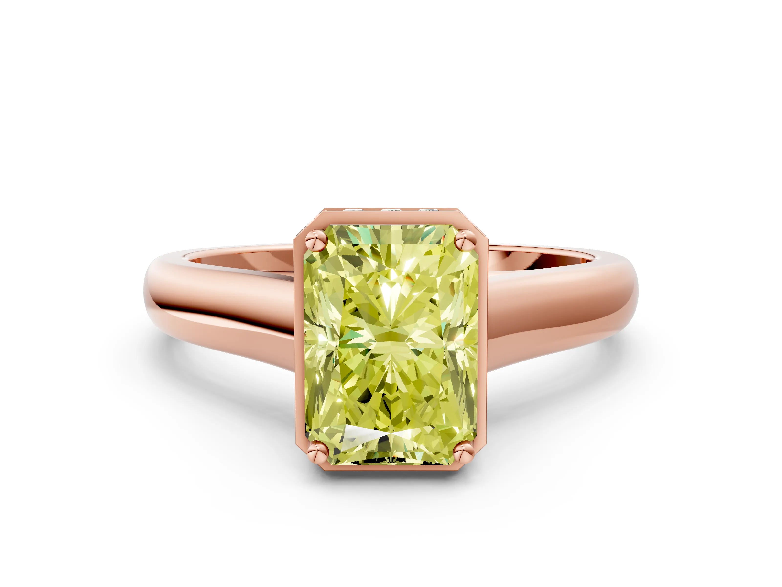 Rose gold Fancy Yellow Radiant Cut Solitaire Diamond Engagement Ring with Four-Prong Setting and Tapered Band