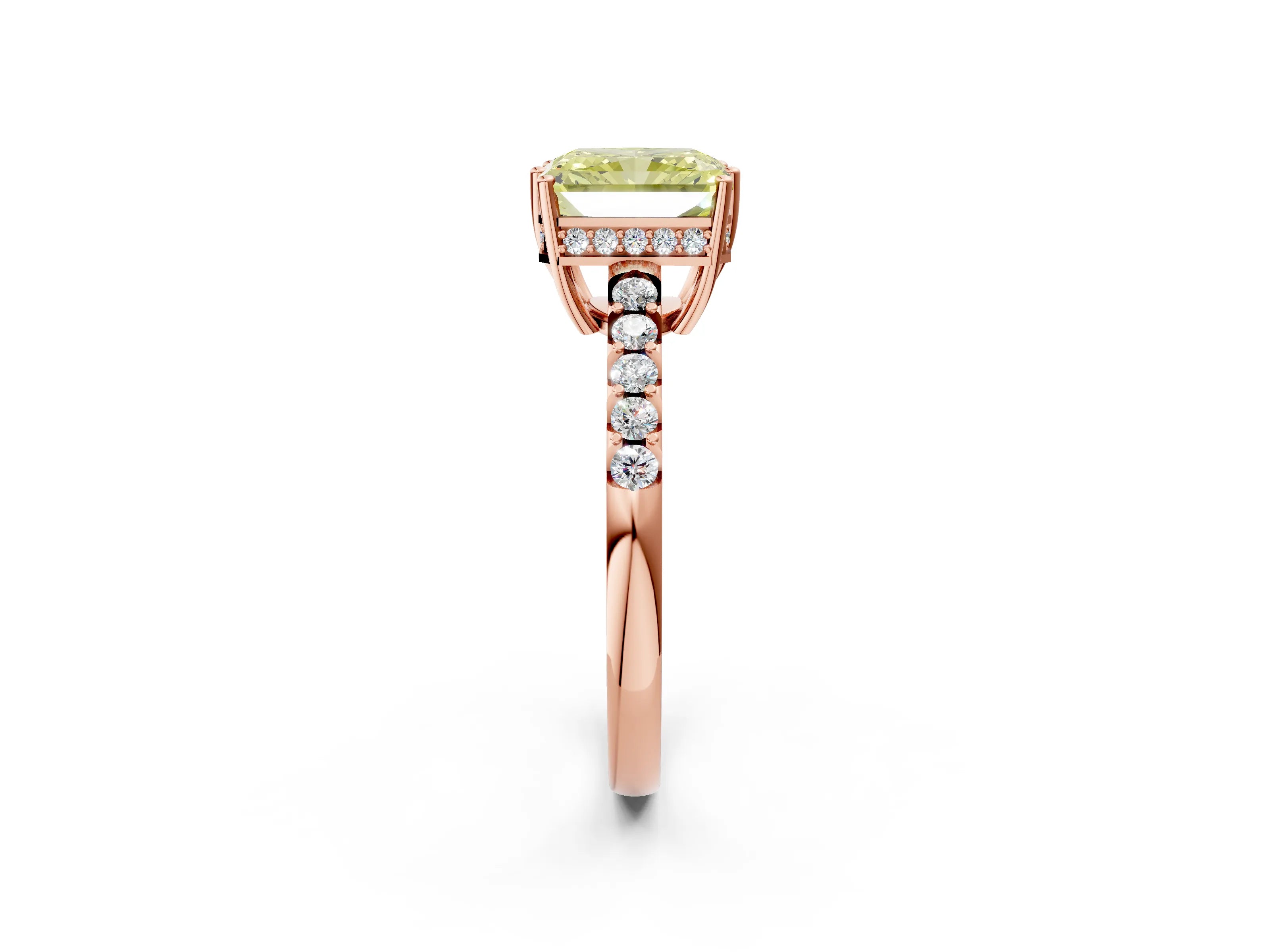 Rose gold Fancy Yellow Radiant Cut Solitaire Diamond Engagement Ring with Pavé Band and Six-Prong Setting_14