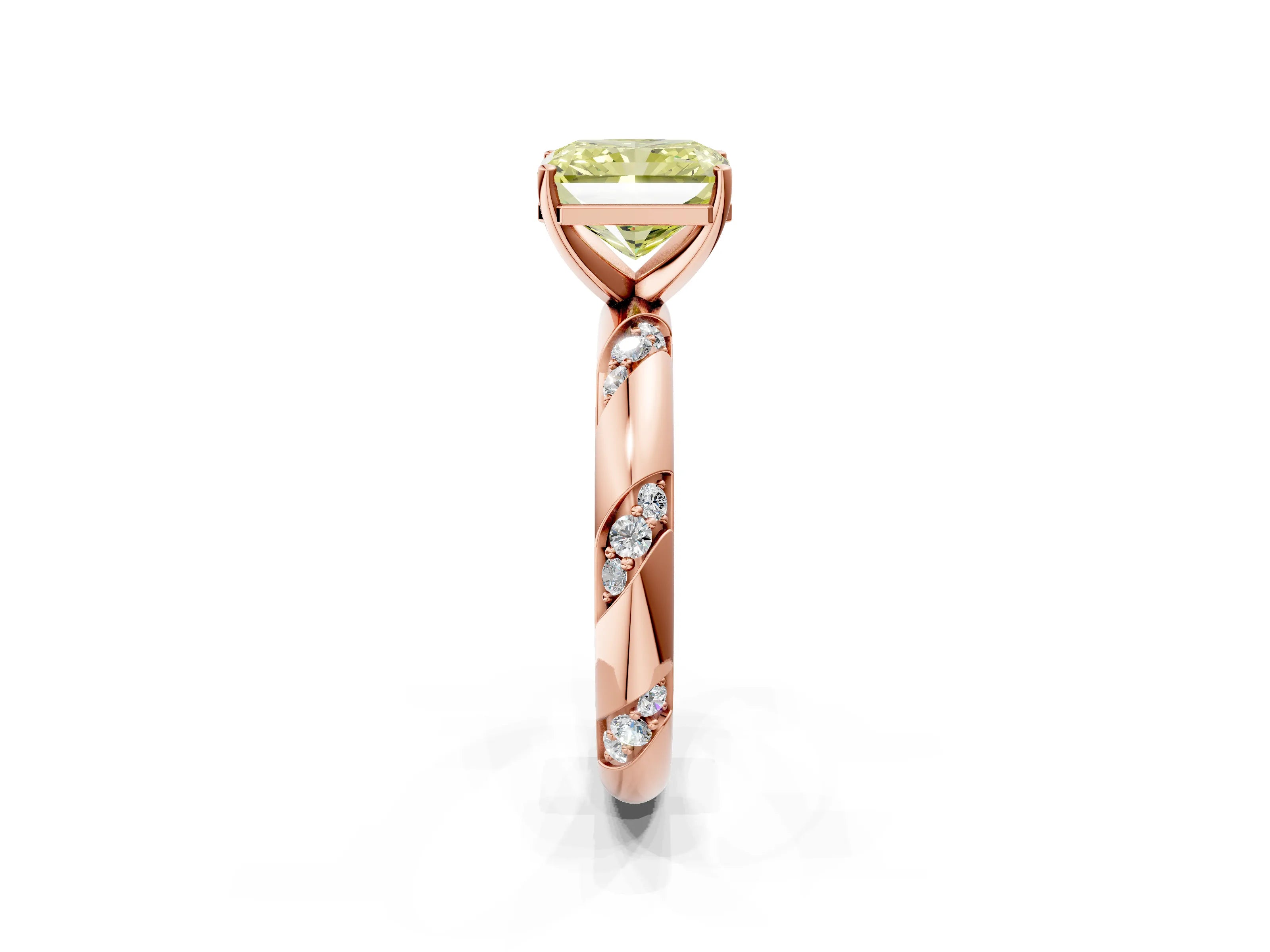 Rose gold Fancy Yellow Radiant Cut Solitaire Diamond Engagement Ring with Twisted Pave Band and Four-Prong Setting_5