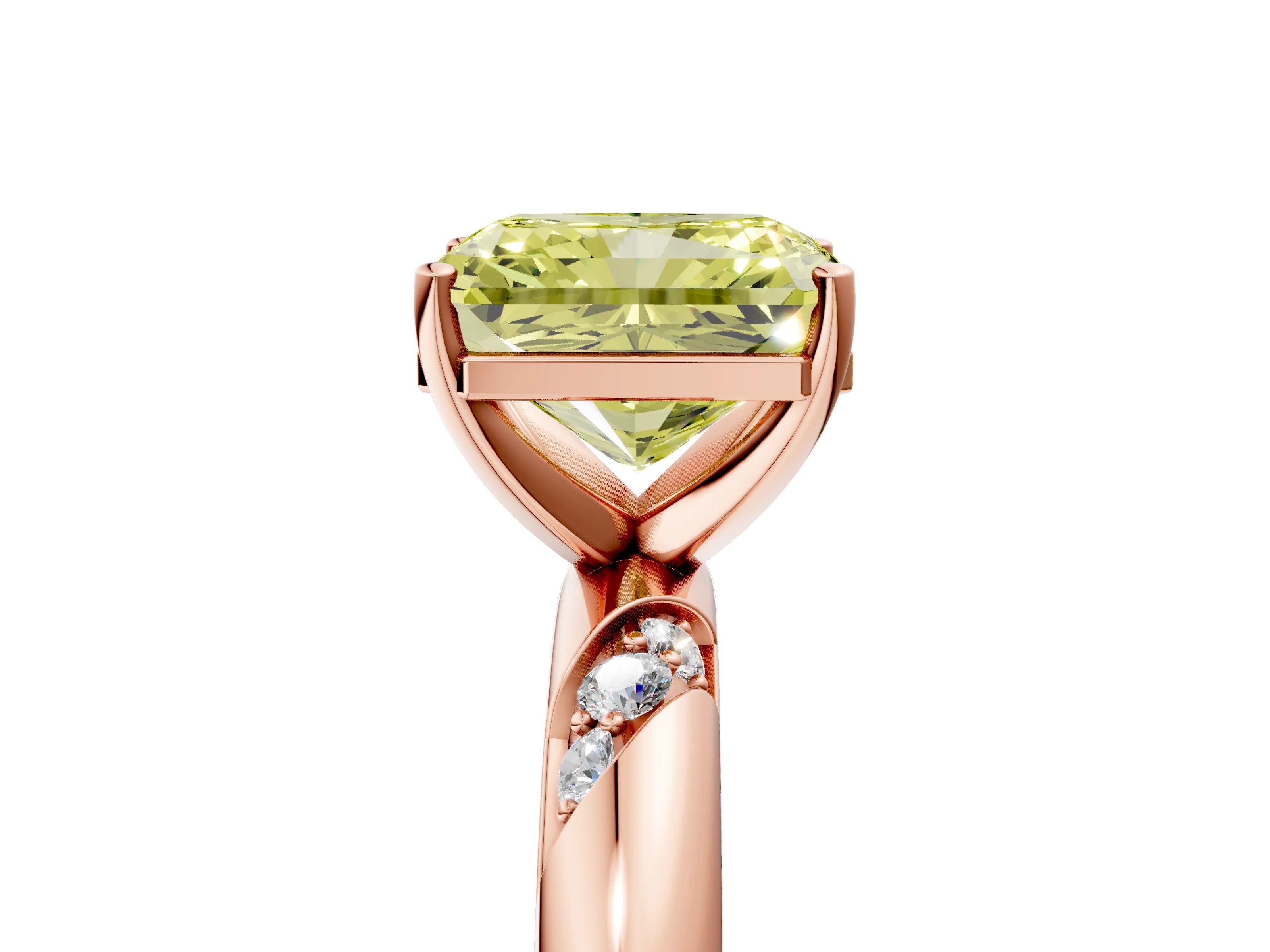 Rose gold Fancy Yellow Radiant Cut Solitaire Diamond Engagement Ring with Twisted Pave Band and Four-Prong Setting_8