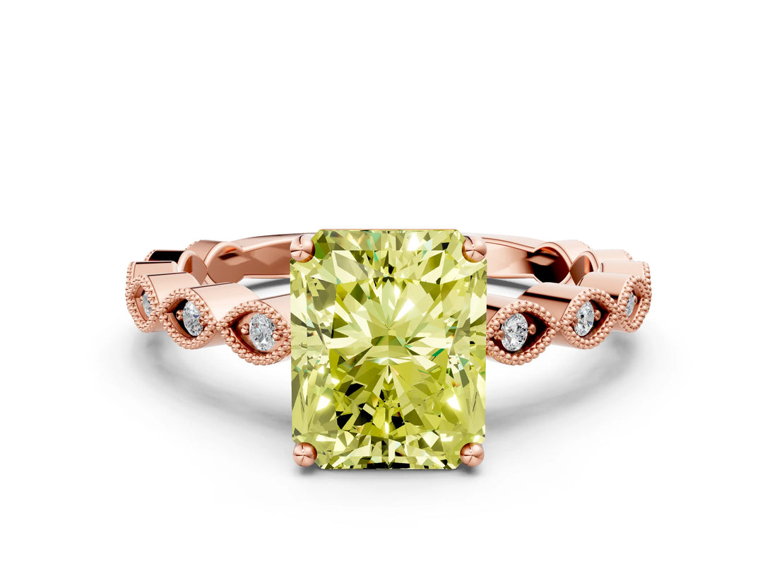 Rose gold Fancy Yellow Radiant Cut Solitaire Diamond Ring with Infinity Twist Band and Four-Prong Setting