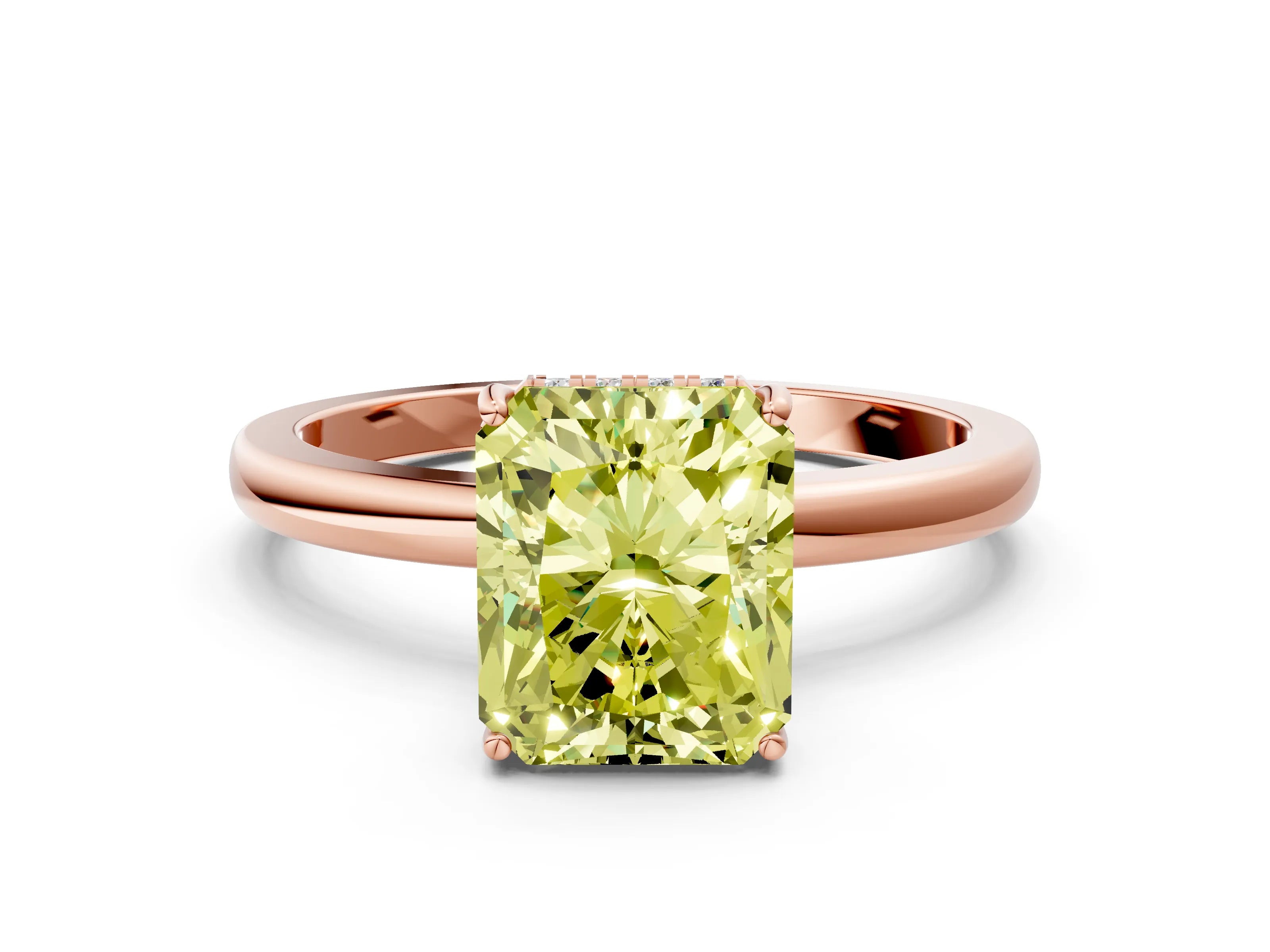 Rose gold Fancy Yellow Radiant Cut Solitaire Diamond Ring with Prong Setting and Plain Band