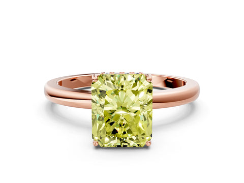 Rose gold Fancy Yellow Radiant Cut Solitaire Diamond Ring with Prong Setting and Plain Band