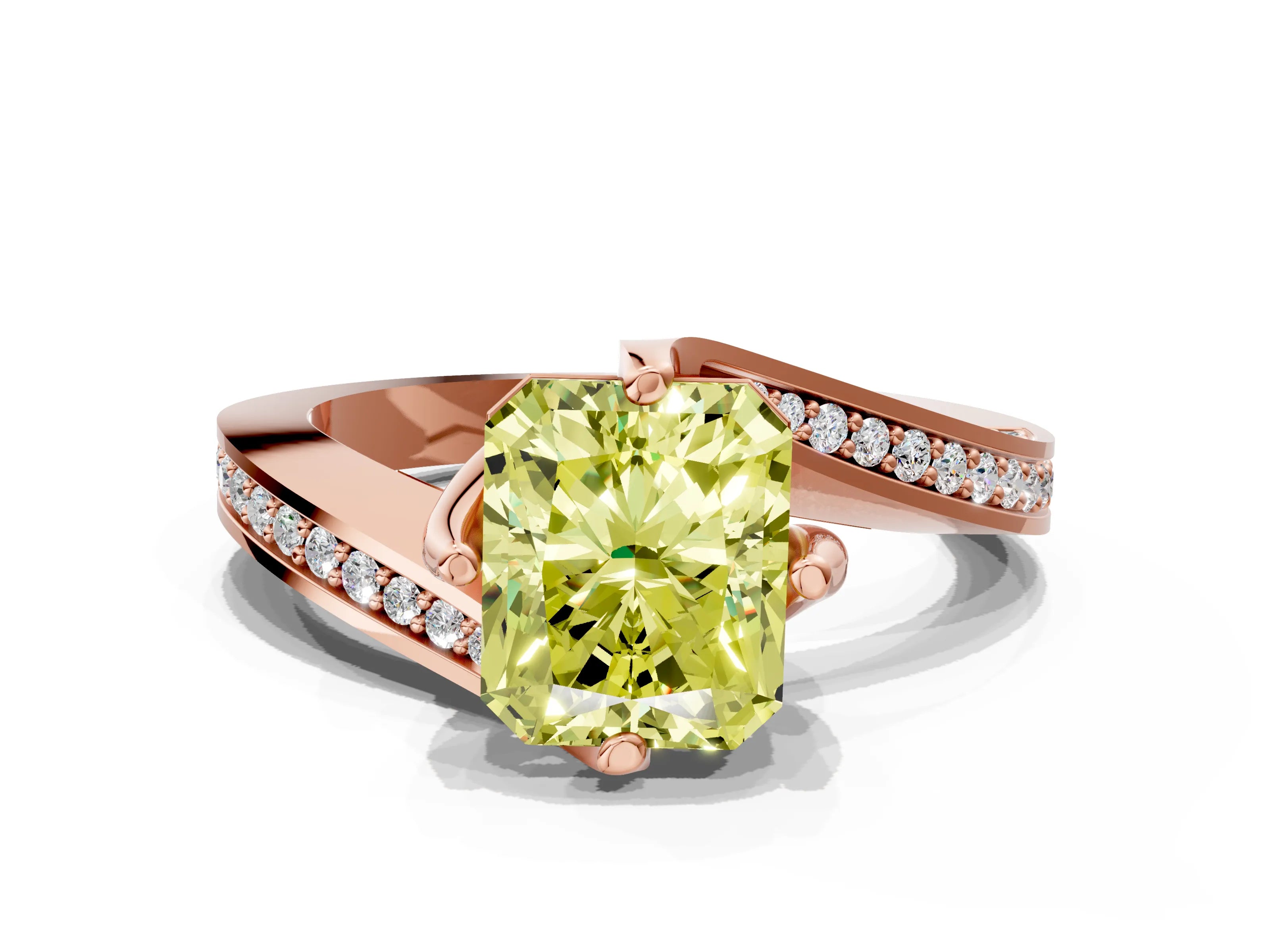Rose gold Fancy Yellow Radiant Cut Solitaire Diamond Twist Band with Pavé Setting and Four-Prong Setting