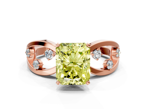 Rose gold Fancy Yellow Radiant  Cut Solitaire Diamond with Side Stones on Criss-Cross Band and Four-Prong Setting