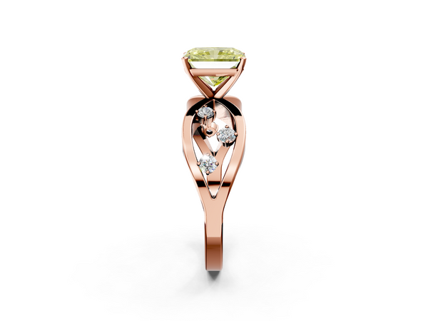 Rose gold Fancy Yellow Radiant  Cut Solitaire Diamond with Side Stones on Criss-Cross Band and Four-Prong Setting