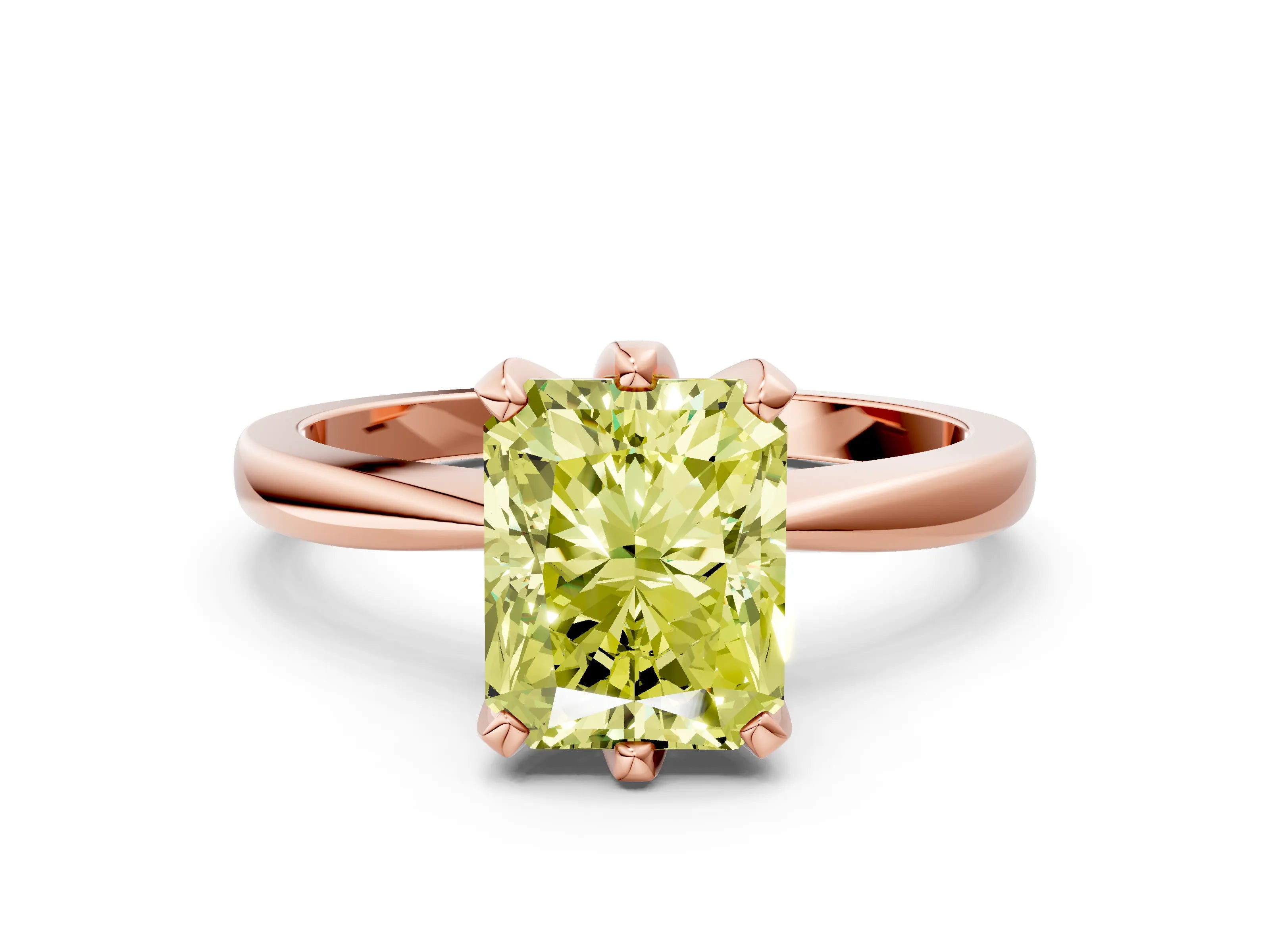 Rose gold Fancy Yellow Radiant Cut Solitaire Engagement Ring with Six-Prong Setting and Tapered Band