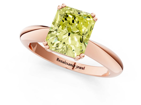 Rose gold Fancy Yellow Radiant  Cut Solitaire Engagement Ring with Tapered Band and Four-Prong Setting