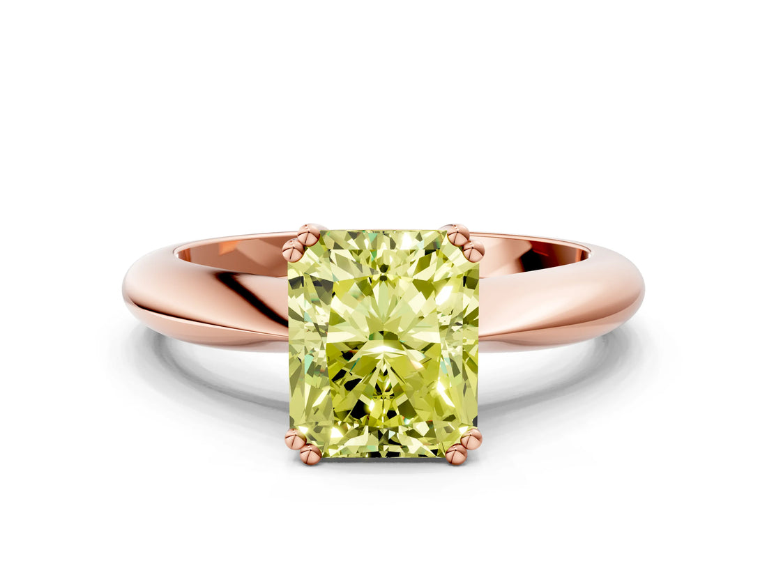 Rose gold Fancy Yellow Radiant  Cut Solitaire Engagement Ring with Tapered Band and Four-Prong Setting
