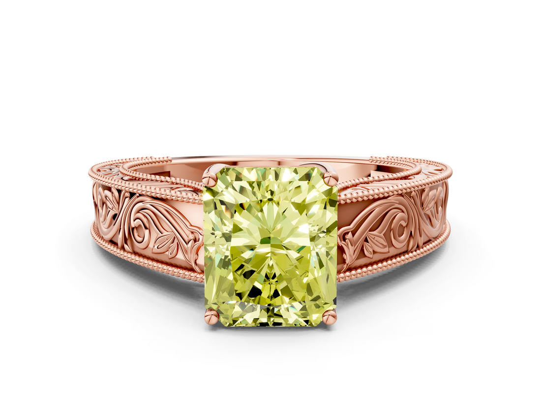 Rose gold Fancy Yellow Radiant  Cut Solitaire Engraved Band with Four-Prong Setting_105