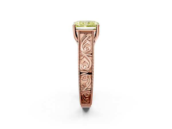 Rose gold Fancy Yellow Radiant Cut Diamond Solitaire Ring with Engraved Band and Four-Prong Setting