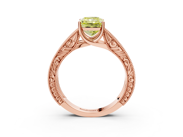 Rose gold Fancy Yellow Radiant Cut Diamond Solitaire Ring with Engraved Band and Four-Prong Setting