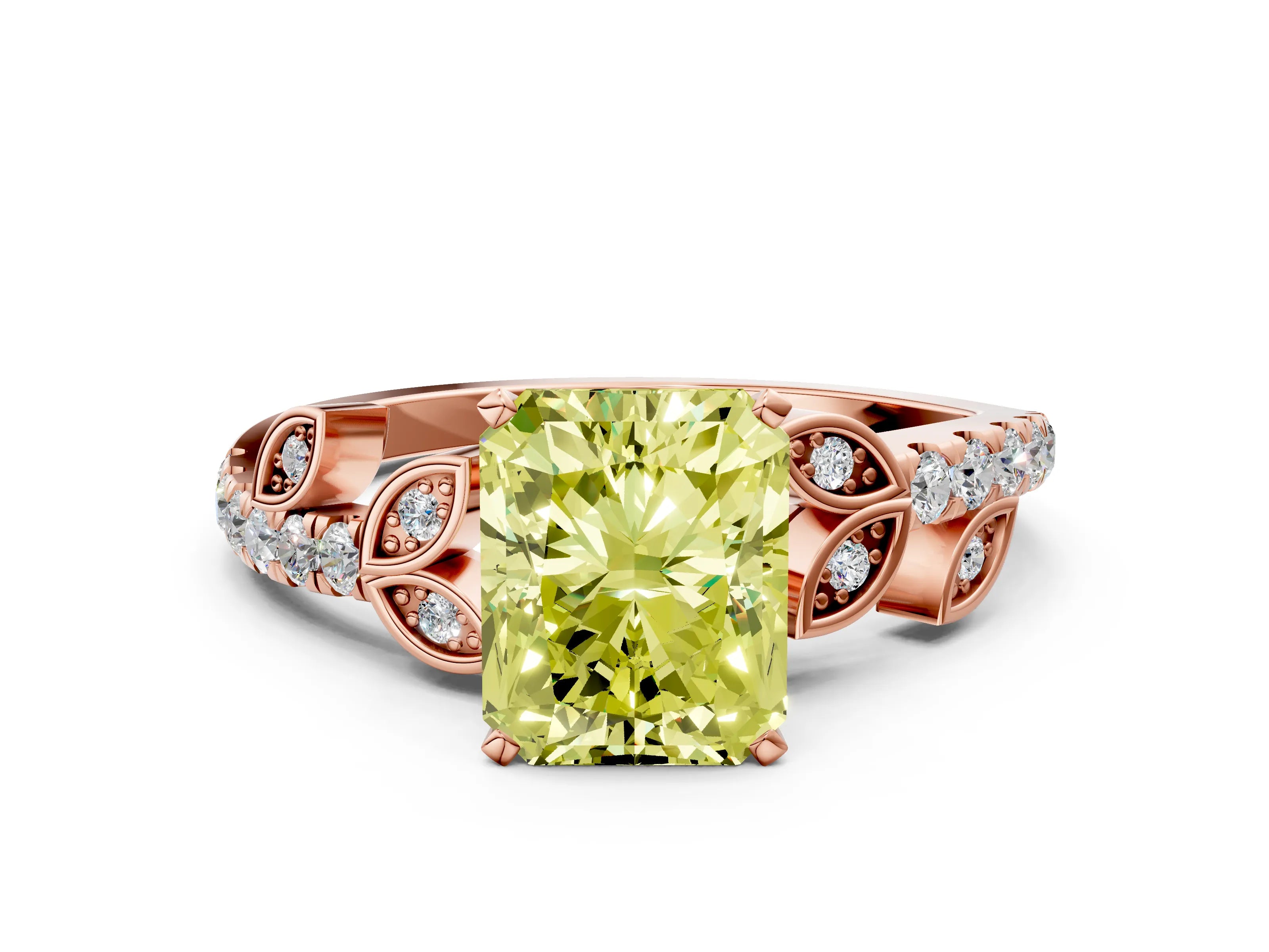 Rose gold Fancy Yellow Radiant Cut Solitaire Leaf-Inspired Diamond Ring with Pavé Band and Four-Prong Setting