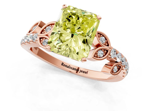 Rose gold Fancy Yellow Radiant Cut Solitaire Leaf-Inspired Diamond Ring with Pavé Band and Four-Prong Setting_1