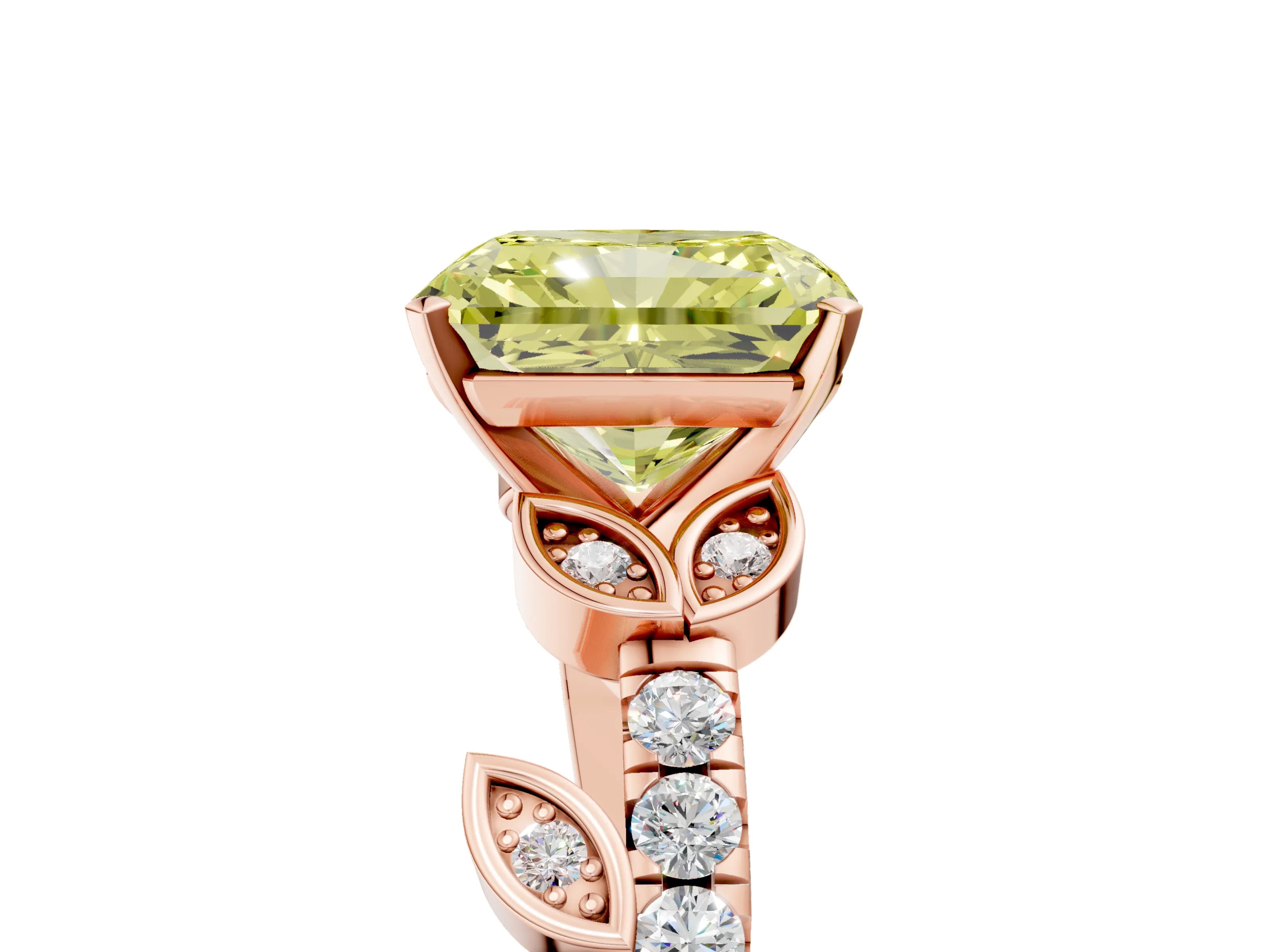 Rose gold Fancy Yellow Radiant Cut Solitaire Leaf-Inspired Diamond Ring with Pavé Band and Four-Prong Setting_5