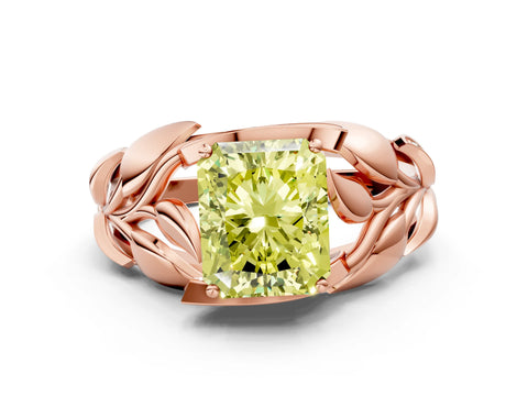 Rose gold Fancy Yellow Radiant Cut Solitaire Leaf-Inspired Engagement Ring with Prong Setting