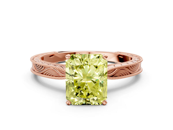 Rose gold Fancy Yellow Radiant Cut Solitaire Milgrain Engraved Band with Four-Prong Setting