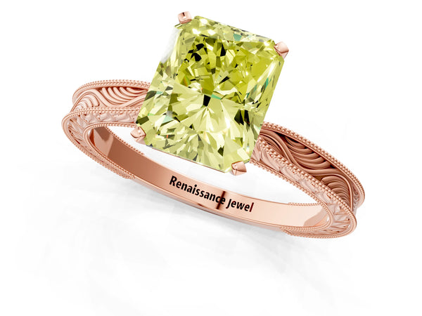 Rose gold Fancy Yellow Radiant Cut Solitaire Milgrain Engraved Band with Four-Prong Setting