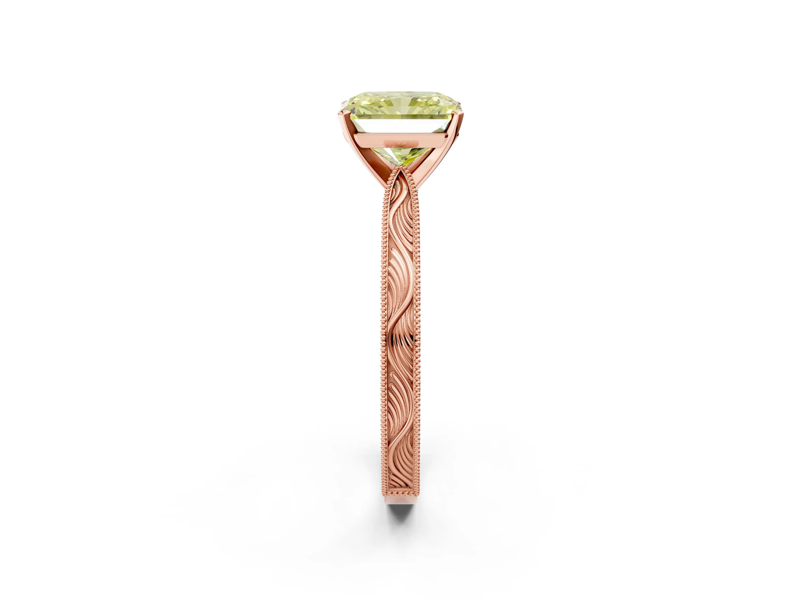 Rose gold Fancy Yellow Radiant Cut Solitaire Milgrain Engraved Band with Four-Prong Setting_2