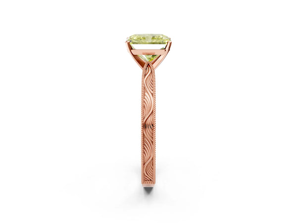 Rose gold Fancy Yellow Radiant Cut Solitaire Milgrain Engraved Band with Four-Prong Setting
