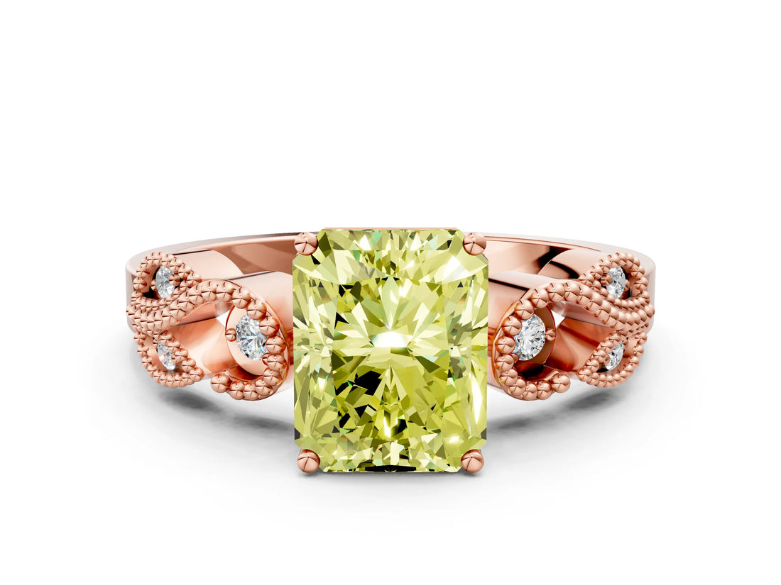 Rose gold Fancy Yellow Radiant Cut Solitaire Milgrain Leaf Band with Prong Setting