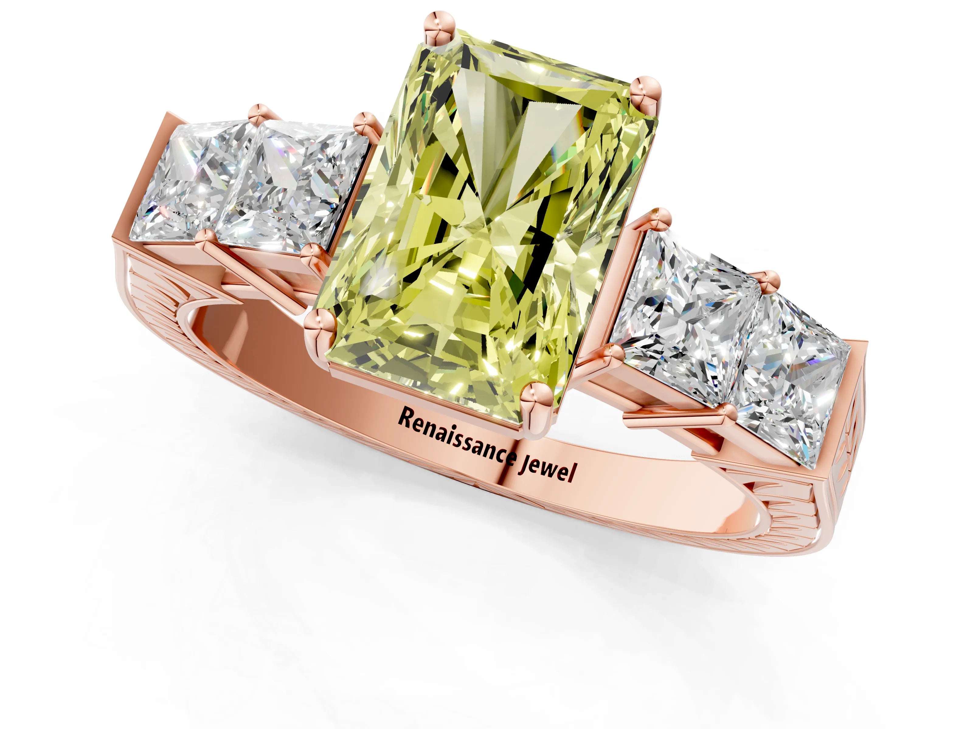 Rose gold Fancy Yellow Radiant Cut Solitaire Princess Side Stone Engraved Band Prong Setting Ring_1