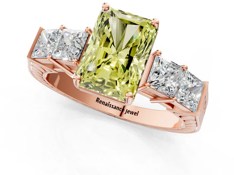 Rose gold Fancy Yellow Radiant Cut Solitaire Princess Side Stone Engraved Band Prong Setting Ring_1