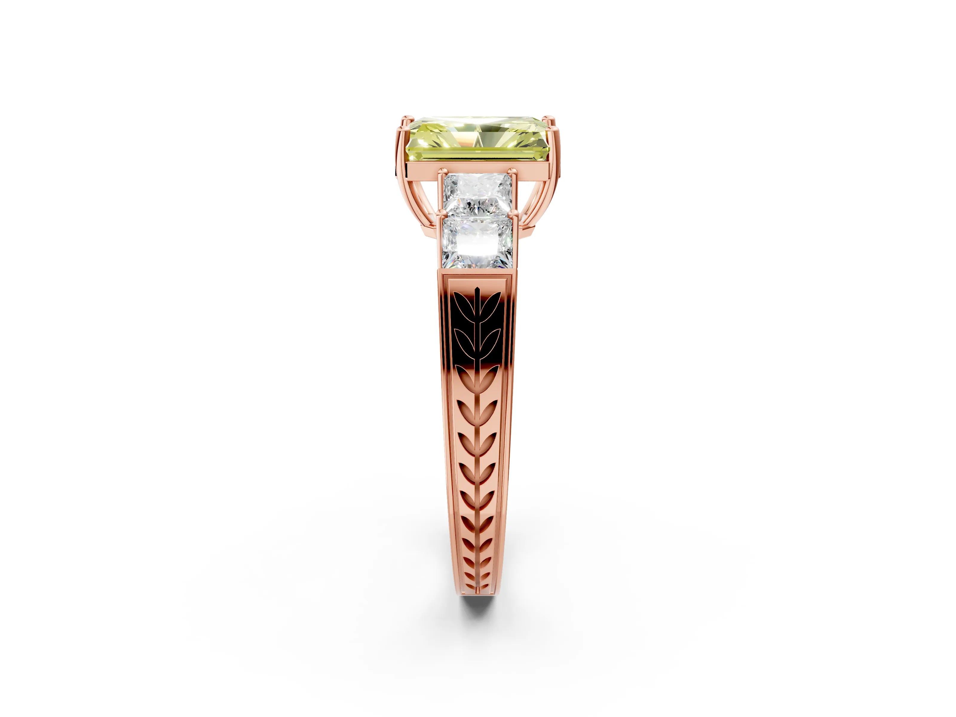 Rose gold Fancy Yellow Radiant Cut Solitaire Princess Side Stone Engraved Band Prong Setting Ring_2