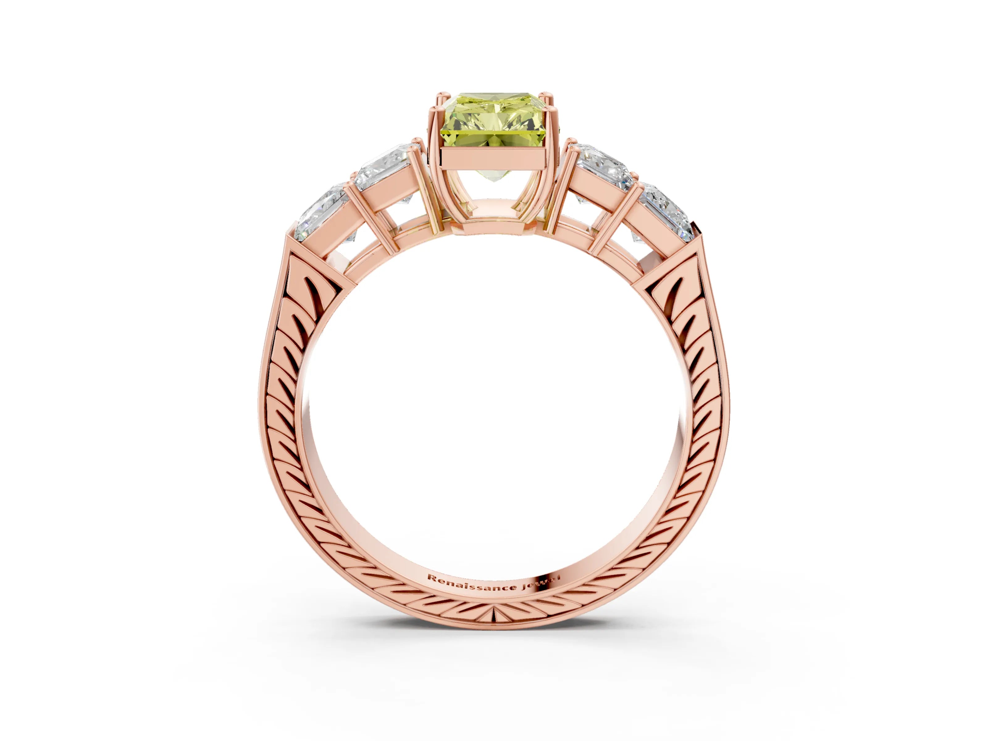 Rose gold Fancy Yellow Radiant Cut Solitaire Princess Side Stone Engraved Band Prong Setting Ring_3