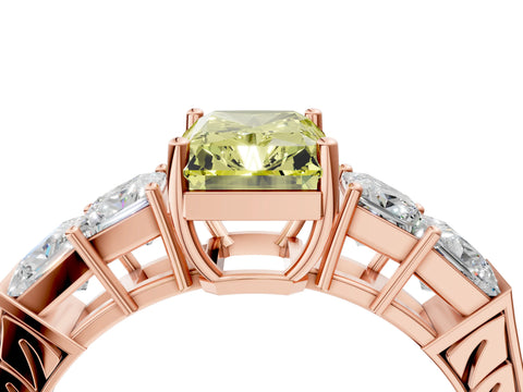 Rose gold Fancy Yellow Radiant Cut Solitaire Princess Side Stone Engraved Band Prong Setting Ring_4