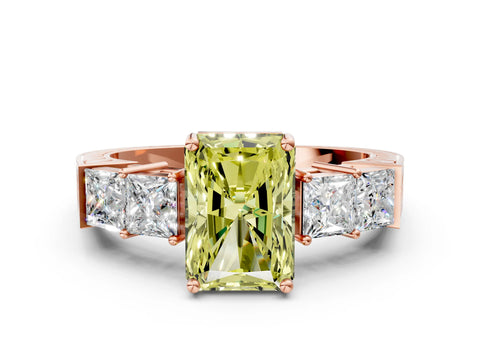 Rose gold Fancy Yellow Radiant Cut Solitaire Princess Side Stone Engraved Band Prong Setting Ring