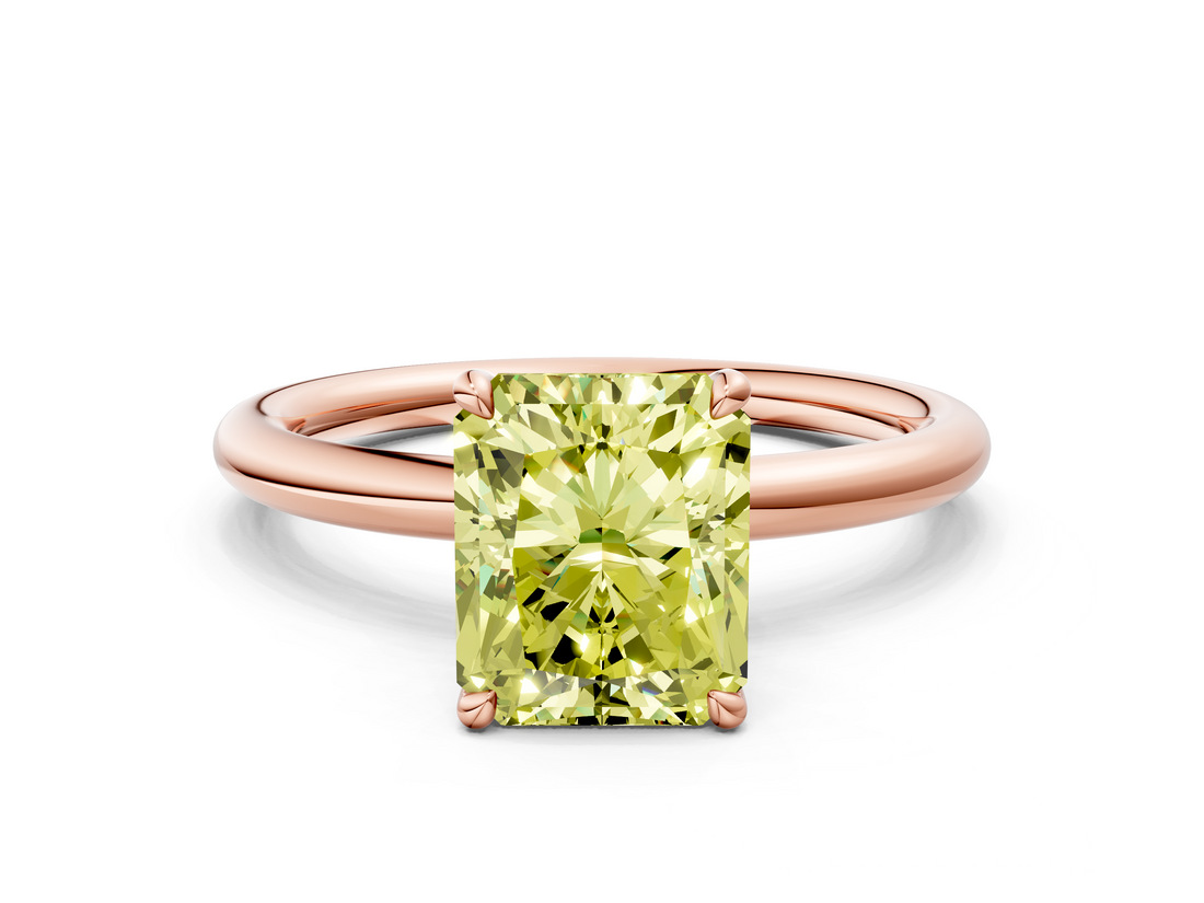 Rose gold Fancy Yellow Radiant  Cut Solitaire Ring with Thin Band and Four-Prong Setting_16