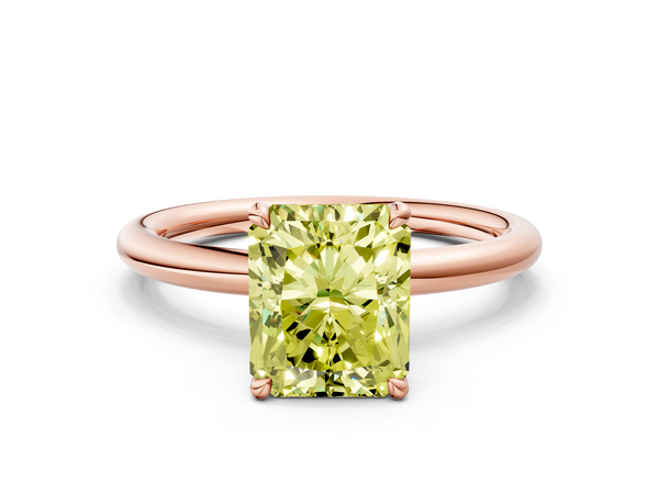 Rose gold Fancy Yellow Radiant Cut Diamond Solitaire Ring with Thin Band and Four-Prong Setting