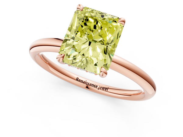 Rose gold Fancy Yellow Radiant Cut Diamond Solitaire Ring with Thin Band and Four-Prong Setting