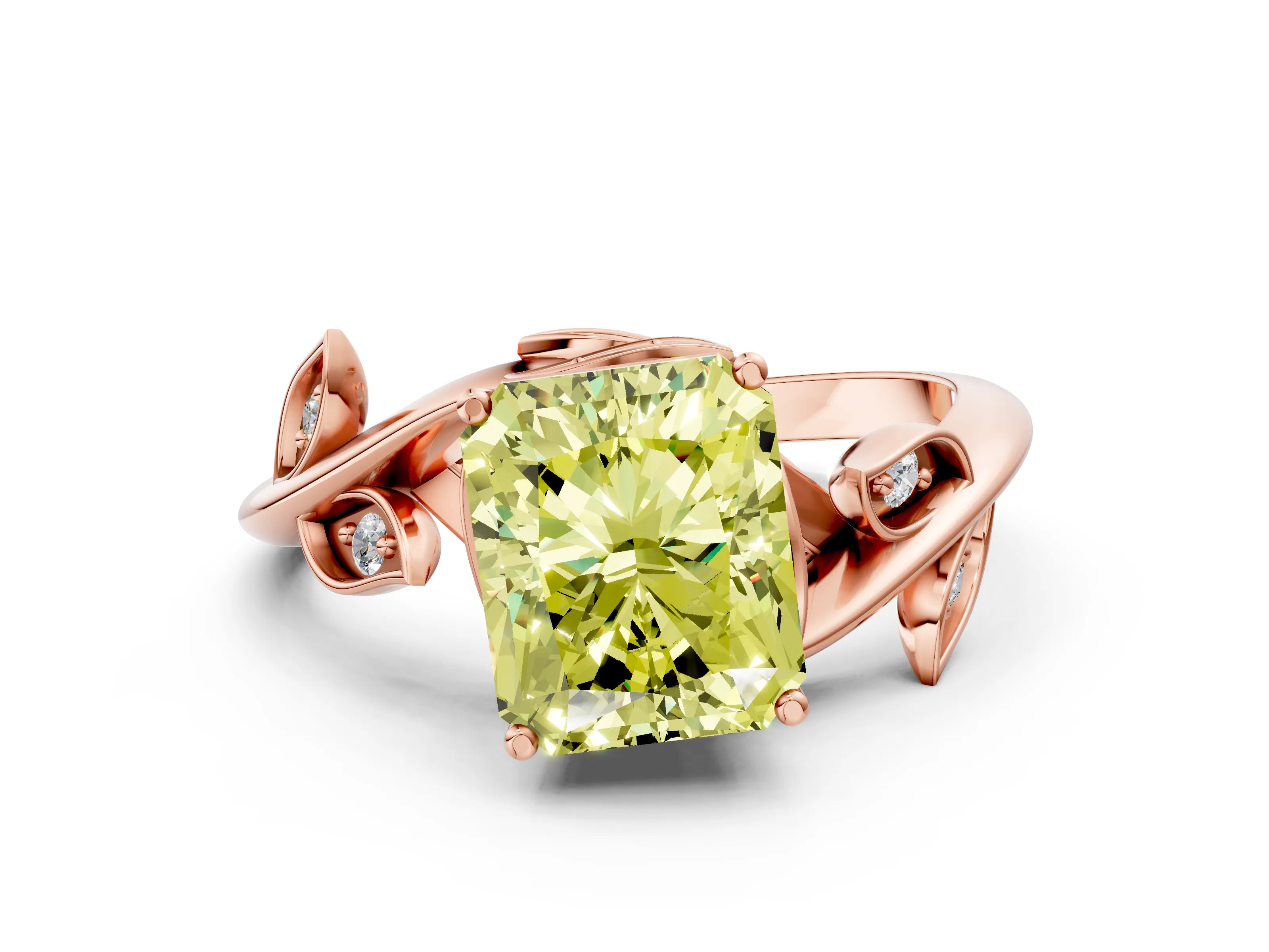 Rose gold Fancy Yellow Radiant Cut Solitaire Twist Engagement Ring with Leaf Accents and Prong Setting_12