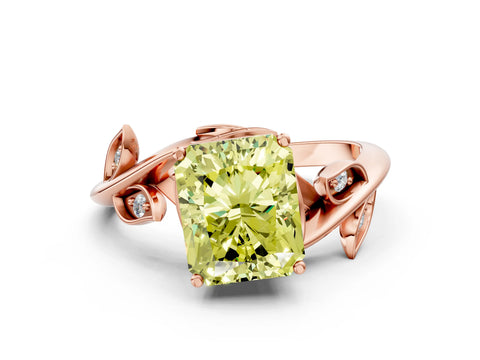 Rose gold Fancy Yellow Radiant Cut Solitaire Twist Engagement Ring with Leaf Accents and Prong Setting_12