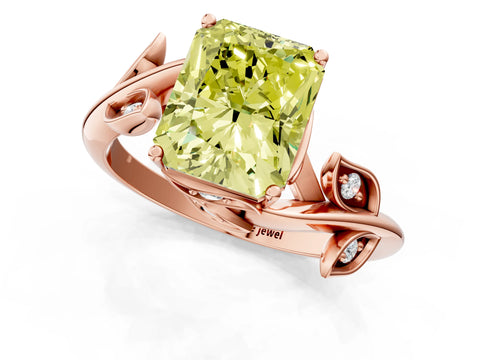 Rose gold Fancy Yellow Radiant Cut Solitaire Twist Engagement Ring with Leaf Accents and Prong Setting_13