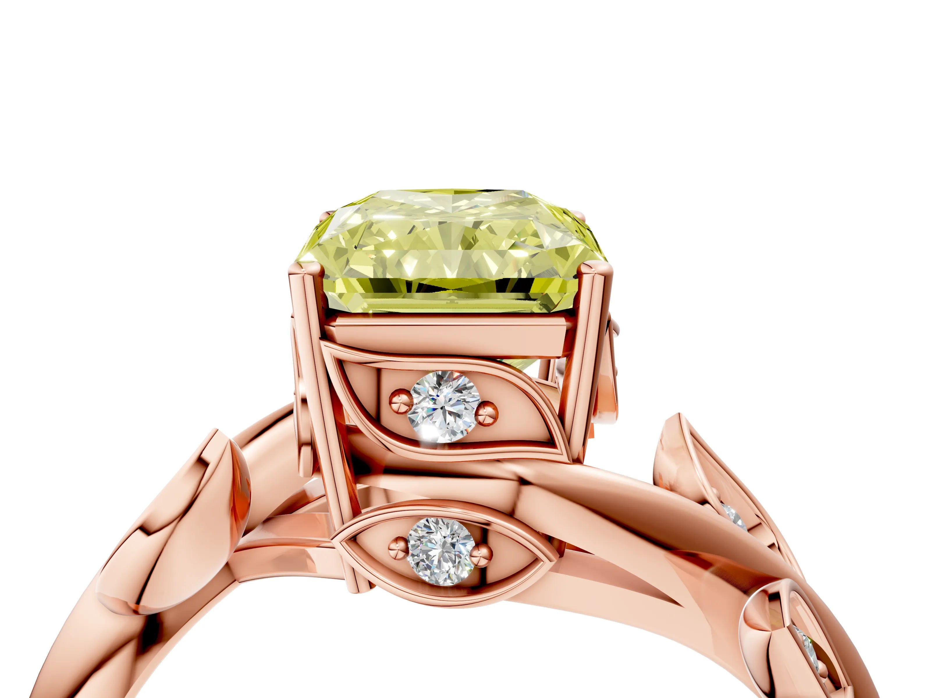 Rose gold Fancy Yellow Radiant Cut Solitaire Twist Engagement Ring with Leaf Accents and Prong Setting_16