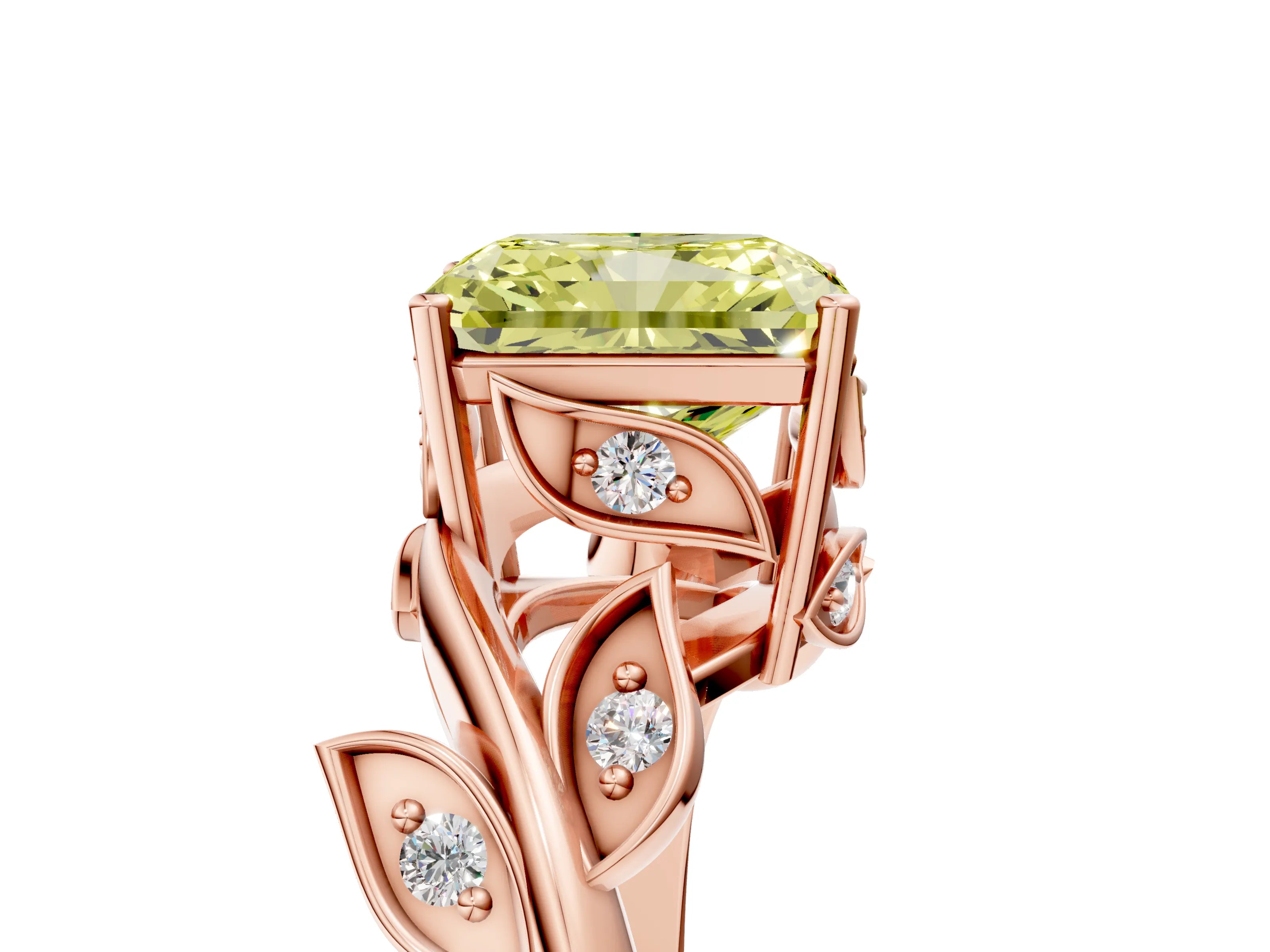Rose gold Fancy Yellow Radiant Cut Solitaire Twist Engagement Ring with Leaf Accents and Prong Setting_17