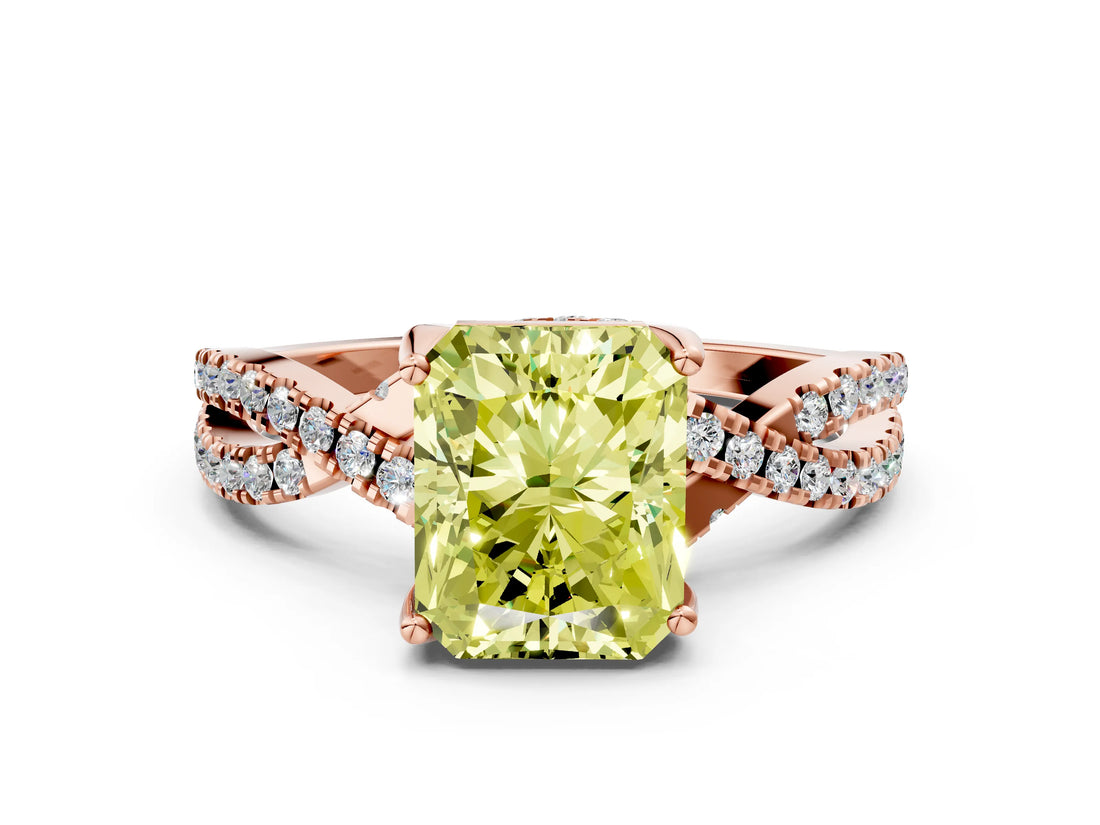 Rose gold Fancy Yellow Radiant Cut Solitaire Twist Pave Diamond Engagement Ring with Prong Setting