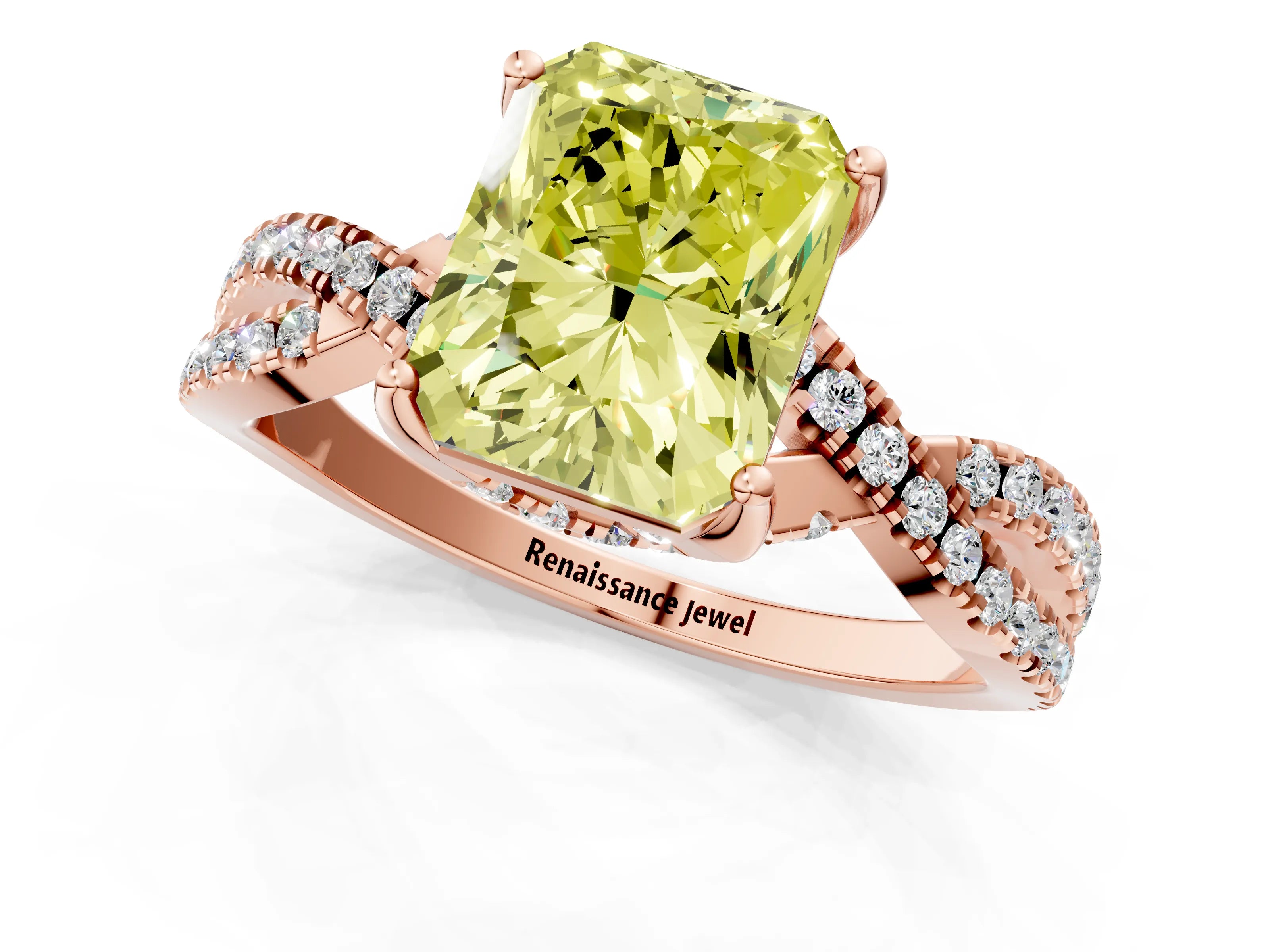 Rose gold Fancy Yellow Radiant Cut Solitaire Twist Pave Diamond Engagement Ring with Prong Setting_1