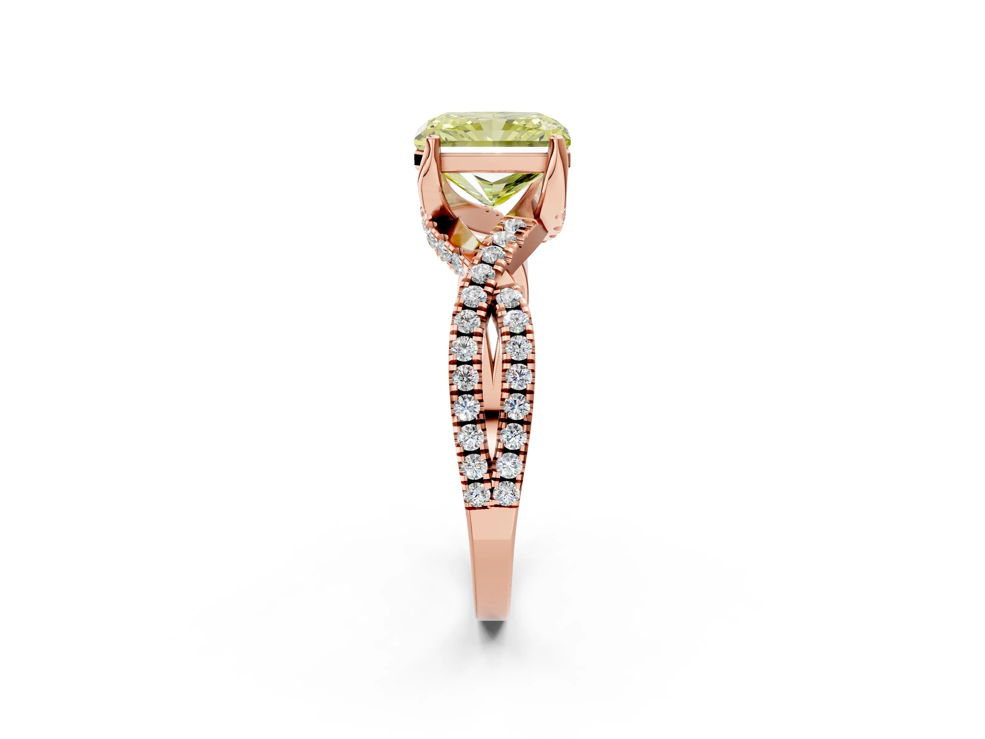 Rose gold Fancy Yellow Radiant Cut Solitaire Twist Pave Diamond Engagement Ring with Prong Setting_2